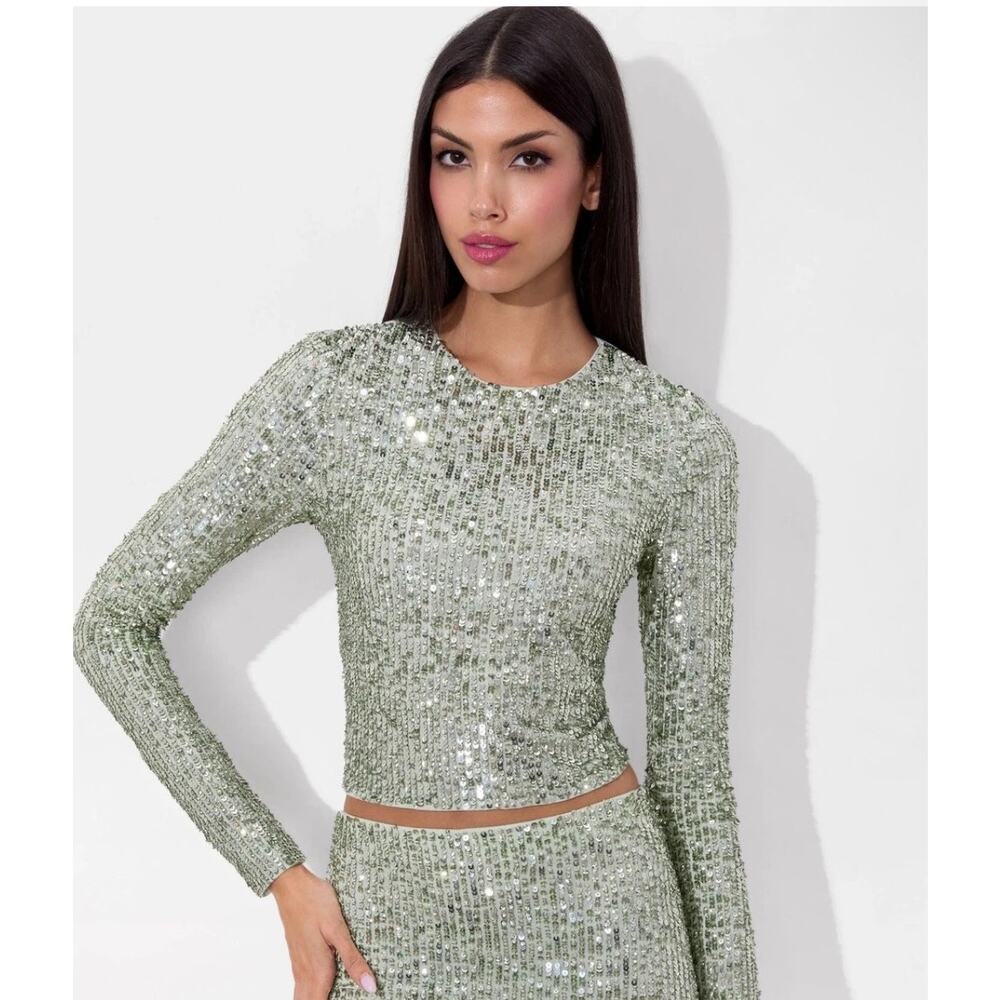 ALICE + OLIVIA Delaina‎ Long Sleeve Sea Green Sequin Crop Top Size Large